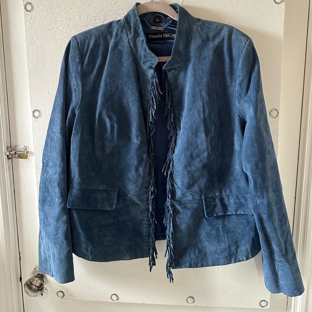 Pamela McCoy Blue Fringe Leather Jacket